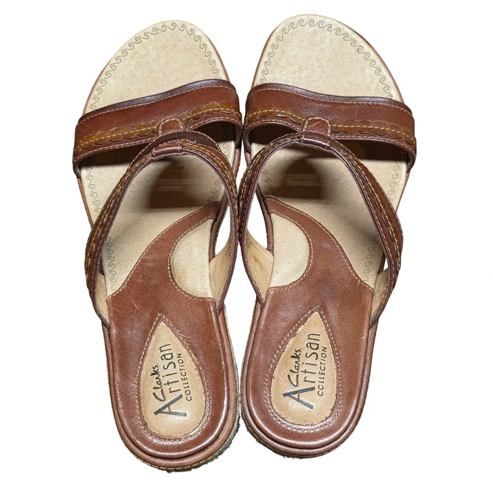 Clarks Artisan Collection Brown Leather Scalloped Wedge Sandals Womens 8M 73532